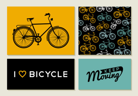Bike concept set: retro seamless pattern, poster and label elements with bicycle outline silhouettes...