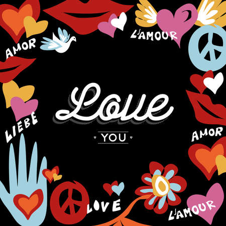 Valentines day design with Love you text quote in multiple languages and retro hippie decoration. EPS10 vector.のイラスト素材