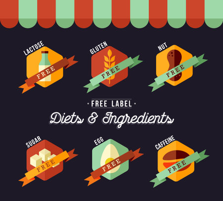 Diet food labels for healthy eating in flat style with grocery store decoration. Includes lactose, gluten, caffeine, sugar, egg and nut free text badges.のイラスト素材