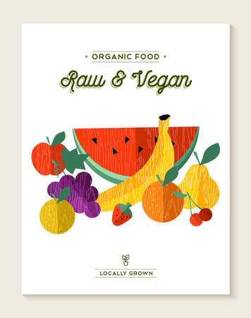 Raw fruits food concept illustration, banana, apple, orange in flat style. Organic and vegan text labels.のイラスト素材