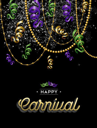 Happy carnival design, party decoration in gold, purple and green colors with text label.のイラスト素材
