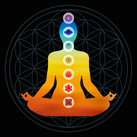 Body silhouette with chakra icons doing yoga pose