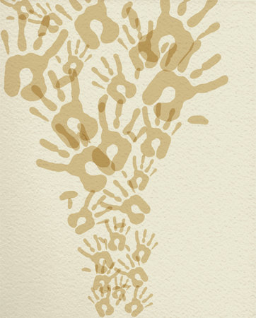 Global community help hand illustration of hand prints in sepia color over textured background.のイラスト素材
