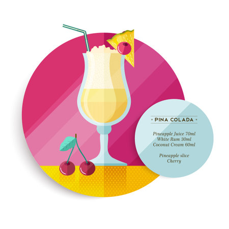 Pina colada cocktail drink recipe for party or summer vacation with ingredients text and colorful flat art fruit illustration. EPS10 vector.のイラスト素材