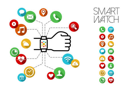 Concept design illustration of human hand wearing smart watch in outline style with colorful flat art app icons. EPS10 vector.のイラスト素材