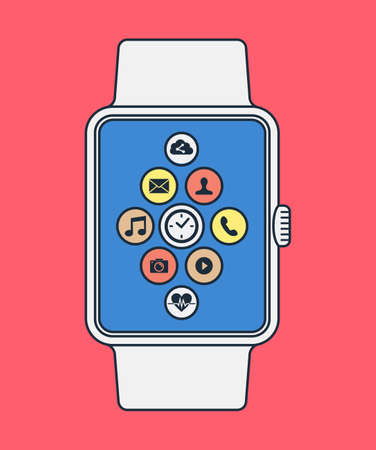 Modern smart watch illustration in line art style with colorful social app icons on screen. EPS10 vector.のイラスト素材