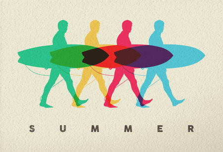 Summer beach concept, silhouette of man walking with surf board in color style over texture...