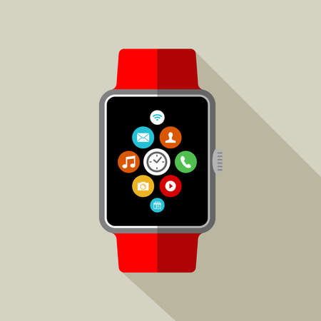 Modern smart watch illustration in flat art style with colorful app circle icons on screen. EPS10 vector.のイラスト素材