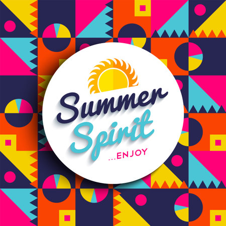 Summer spirit quote poster, enjoy your summertime vacations text with sun decoration on colorful...