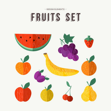 Set of different fruit icons with trendy wood texture in flat style, apple orange and more ideal for healthy eating concept design. EPS10 vector.のイラスト素材