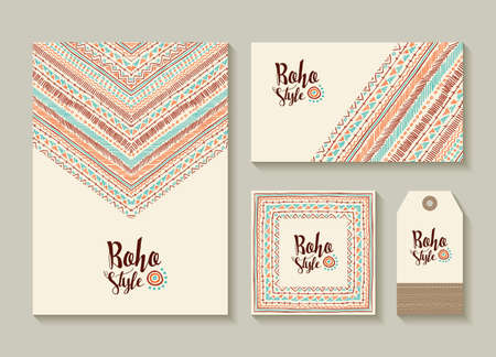 Boho style collection of card, label and tag templates with cute handmade tribal art designs. EPS10 vector.のイラスト素材