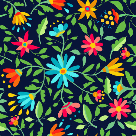 Colorful floral spring seamless pattern with daisy flowers, leaves and trendy illustration design elements. EPS10 vector.のイラスト素材