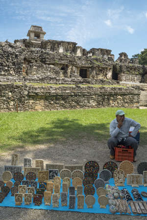 CHIAPAS, PALENQUE, MEXICO â MARCH 1, 2016: Craftsman sells decoration at archaeological site. Arts and crafts create diverse sources of income for mexican artisans living in rural areas.のeditorial素材