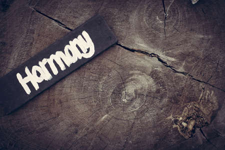 Harmony concept, vintage hand made painted sign on wood texture rustic background.の写真素材