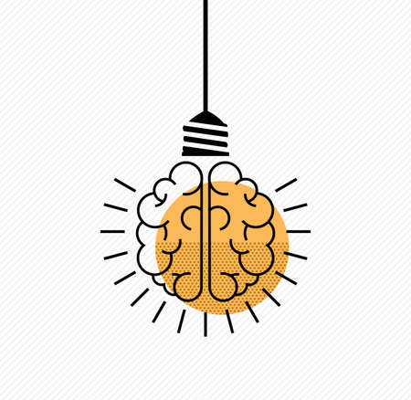 Bright ideas simple concept design. Human brain as light bulb lamp in clean modern line art style.のイラスト素材