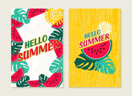 Hello summer set of greeting card lettering design with colorful tropical jungle art and watermelon fruit. Happy quote poster or beach party invitation. EPS10 vector.のイラスト素材