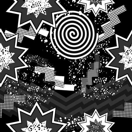 Black and white retro seamless pattern with abstract pop art print, 80s fashion style. Ideal for web background or fabric. EPS10 vector.のイラスト素材