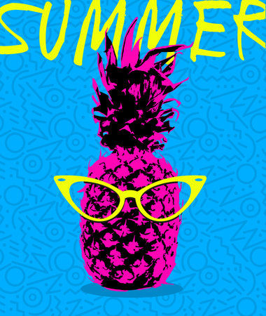 Retro 80s summer concept illustration of pineapple fruit with hipster eye glasses and memphis style...