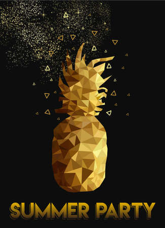 Retro summer party celebration design of pineapple in gold low poly style with night sky and stars background for invitation or greeting card. vector.のイラスト素材