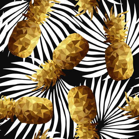Luxury retro summer seamless pattern, gold color pineapple fruit background low poly style with nature palm tree leaf shapes in black and white. vector.のイラスト素材