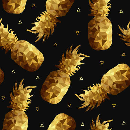 Luxury retro summer seamless pattern, gold color pineapple fruit background in low poly style with geometric triangle shapes vector.のイラスト素材