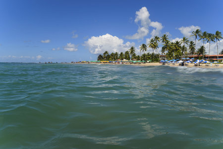 Caribbean blue sea landscape from water surface level, summer vacation background.