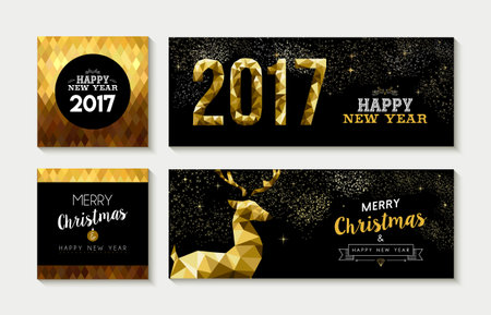 Set of merry christmas happy new year 2017 gold designs with deer elements. Ideal for xmas greeting card, holiday invitation, social media banner.のイラスト素材