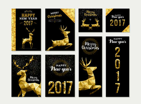 Set of merry christmas happy new year 2017 template gold designs with deer and celebration elements. Ideal for xmas greeting card, holiday invitation, tags or label.のイラスト素材