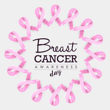Breast cancer awareness day typography design with mandala made of pink hand drawn ribbons. vector.のイラスト素材