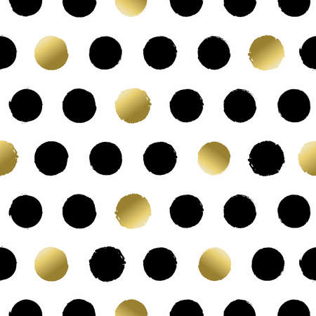 Modern polka dot background with circle shapes in gold colors and grunge paint style.のイラスト素材