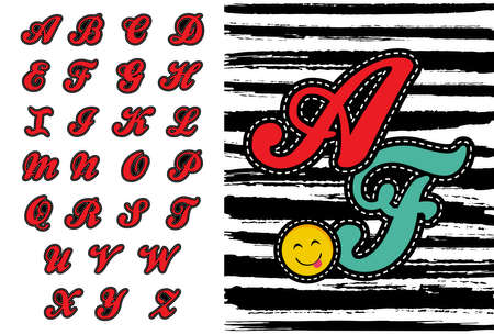 Retro set of alphabet uppercase letter designs for embroidery patch or sticker. vector.のイラスト素材