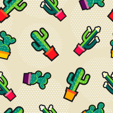 Seamless pattern with stitching patch garden cactus plant icons, green nature cartoon background...