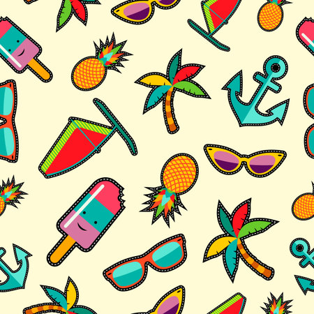 Summer background with colorful beach elements in pop art cartoon style vector.