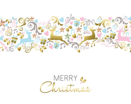 Merry Christmas illustration, vintage holiday decoration pattern in gold color. Reindeers, gifts, and Xmas ornaments with text over white background. vector.のイラスト素材