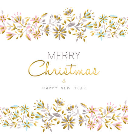 Merry christmas and happy new year floral seamless pattern background in gold pastel color with flower illustration. vector.のイラスト素材