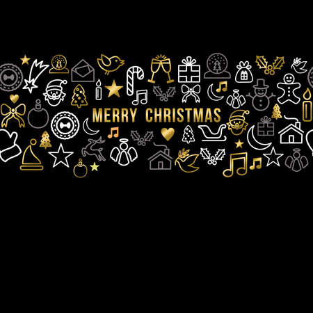 Merry Christmas illustration, holiday decoration outline icons in gold color with text. Seamless pattern background. vector.のイラスト素材