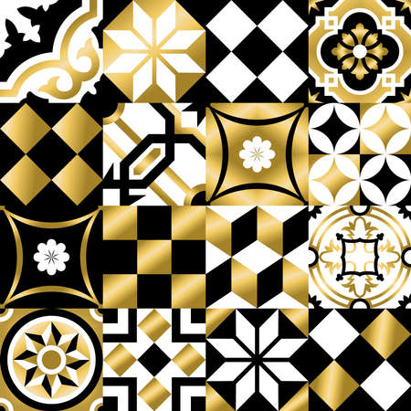 Gold vintage patchwork seamless pattern with traditional tile decoration, classic mosaic style. vector.のイラスト素材