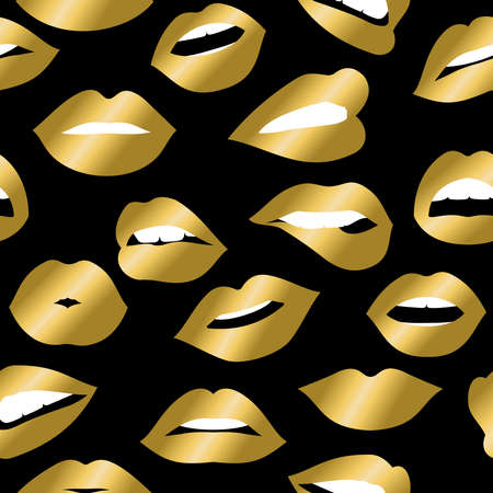 Girl mouth seamless pattern, woman lip with gold color lipstick expressing emotions and gestures. vector.のイラスト素材