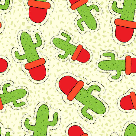 Hand drawn seamless pattern with cactus plant stitch patch icons, green nature background vector.のイラスト素材