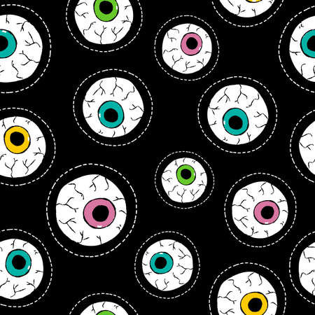 Hand drawn eyeball seamless pattern with human eye stitch patch icons in vibrant color vector.のイラスト素材