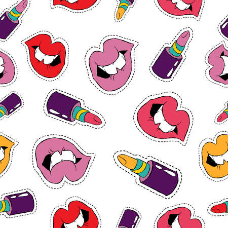 Hand drawn seamless pattern with cute woman mouth stitch patch icons, lipstick makeup and girl designs vector.のイラスト素材
