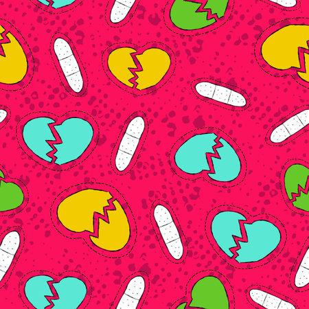 Love and romance hand drawn seamless pattern with sad heartbreak icons in pink color, breakup background vector.のイラスト素材