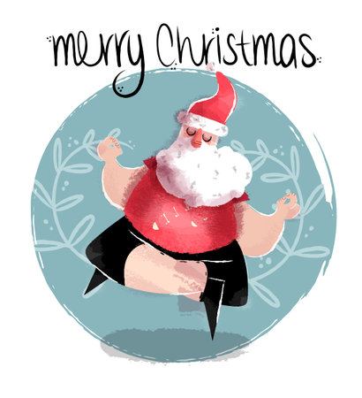 Merry Christmas funny hand drawn illustration of cute santa claus practicing lotus yoga pose. vector.のイラスト素材