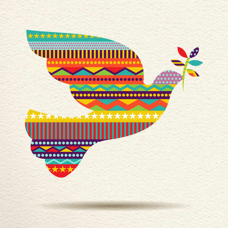 Merry Christmas dove bird design in fun happy colors with geometric shapes and stripes, concept holiday illustration. vector.のイラスト素材