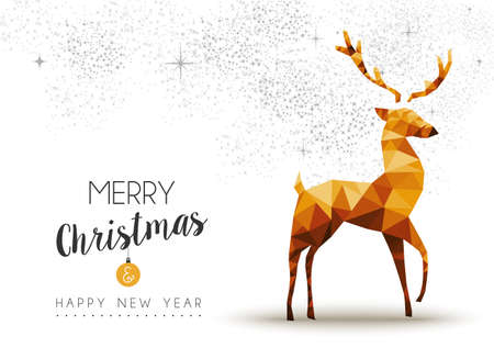 Merry christmas and happy new year gold deer in low poly triangle style, holiday decoration card design.のイラスト素材