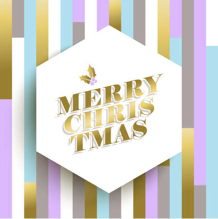 Merry Christmas design in gold color with mistletoe decoration for holiday season on vintage stripe background.のイラスト素材