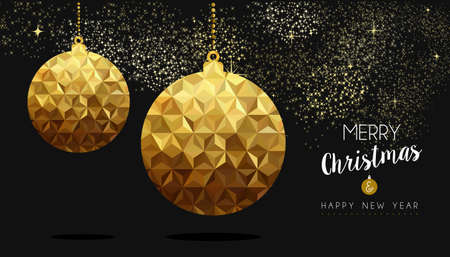 Gold Merry Christmas and New Year design, elegant xmas bauble ornament decoration in low poly style.のイラスト素材