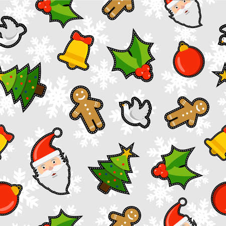 Christmas seamless pattern background with holiday decoration patch icons: santa claus, ornament bauble, pine tree, mistletoe, gingerbread and peace dove.のイラスト素材