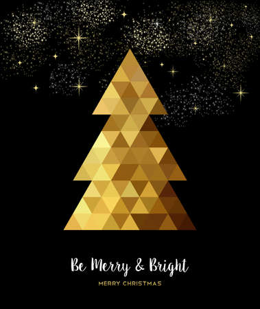 Gold Merry Christmas design, xmas pine tree decoration in low poly style over night sky fireworks.のイラスト素材