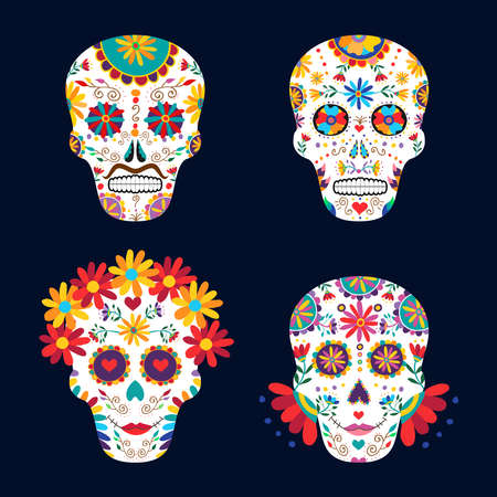 Skull set for day of the dead celebration, traditional mexican decoration with flowers and colorful art. EPS10 vector.のイラスト素材